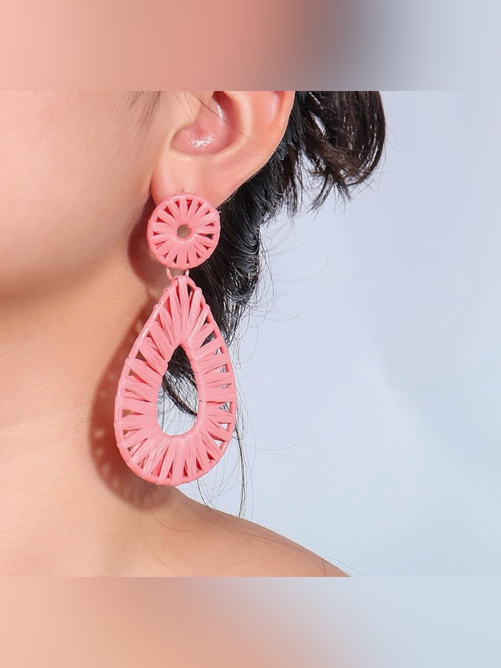 Pink Teardrop Woven Drop Earrings. Set of 2.